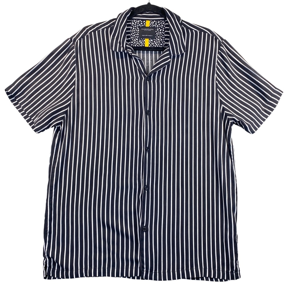 Denim & Flower Ricky Singh Mens XL Black White Striped Viscose Camp Collar Shirt